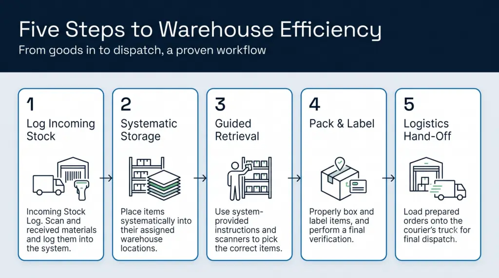 Five-step warehouse operation flow from goods receiving through dispatch, showing the data points and process gates at each stage.